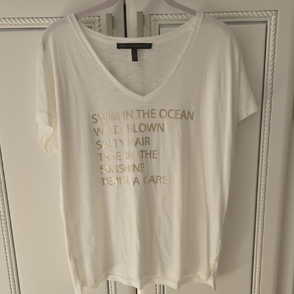White House Black Market White T-Shirt/cover Up  with Gold Text